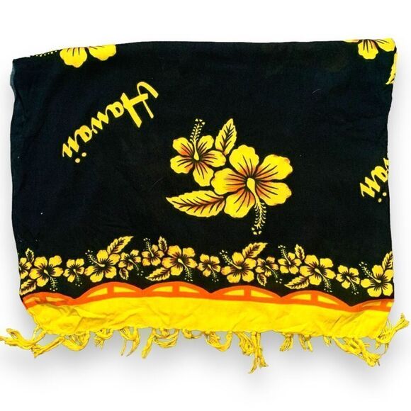Hawaiian Sarong Wrap Scarf Black Yellow Floral Aloha Fringe Beach Swim Coverup - Picture 5 of 10